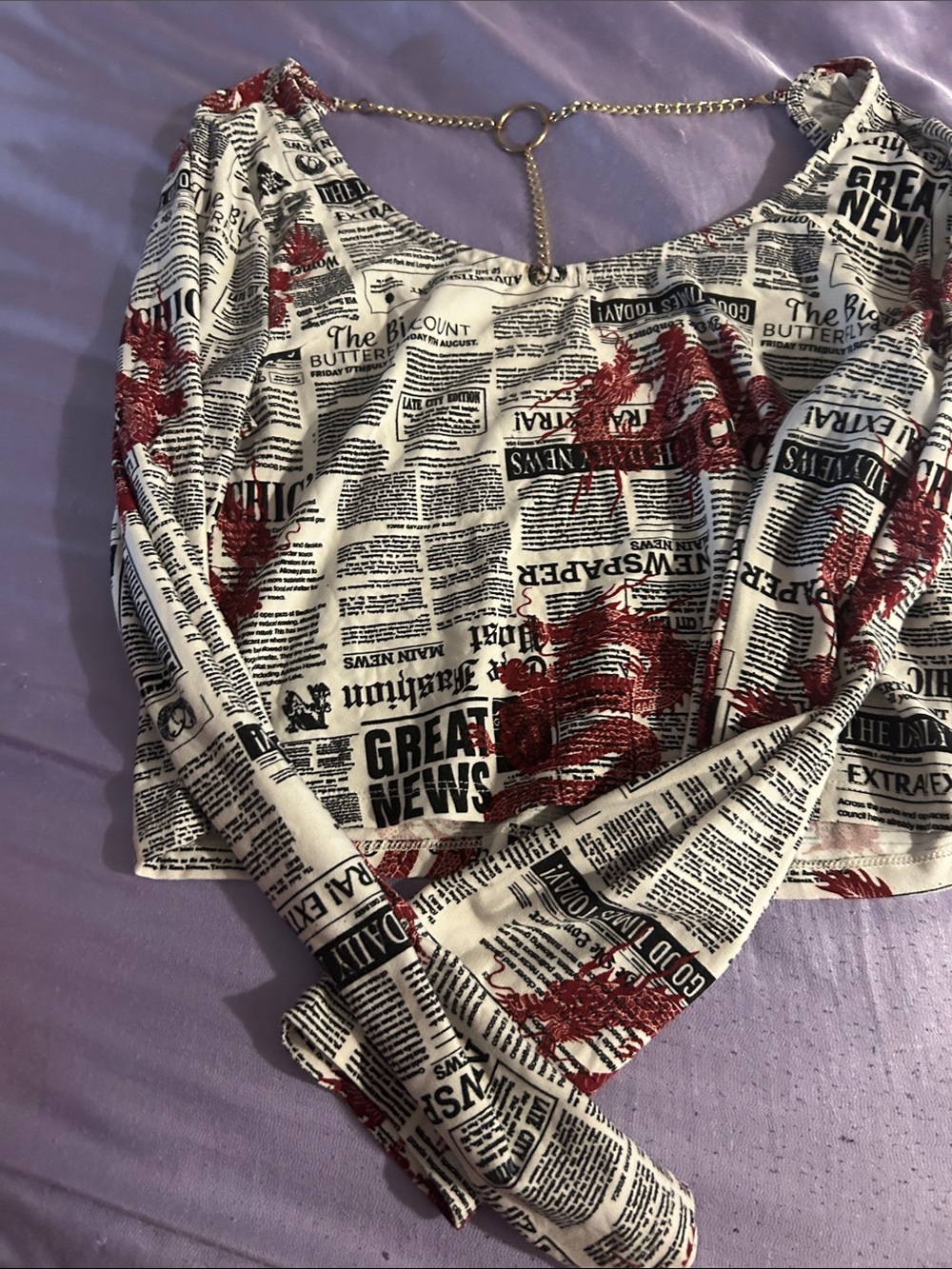 Derek Heart Black & White Newspaper Print Crop Top with Red Floral Accents